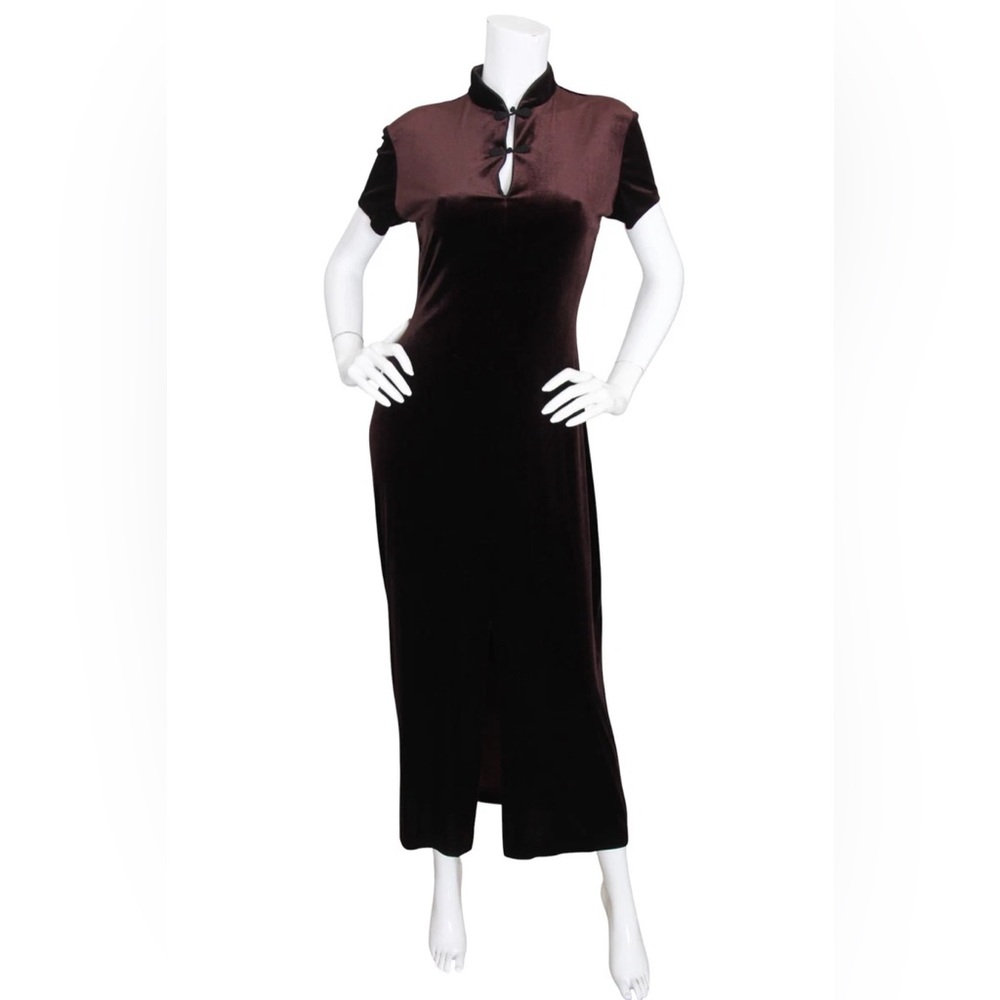 Vintage 90s Mica Burgundy Velvet Mandarin Collar Maxi Dress Size 10 USA